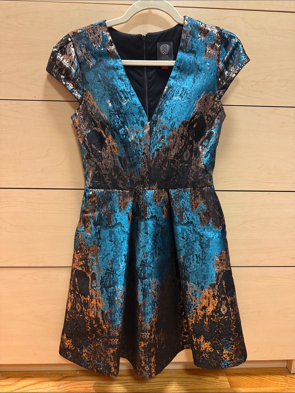 Vince Camuto Teal and Bronze Metallic V-Neck Fit & Flare Dress size 2
